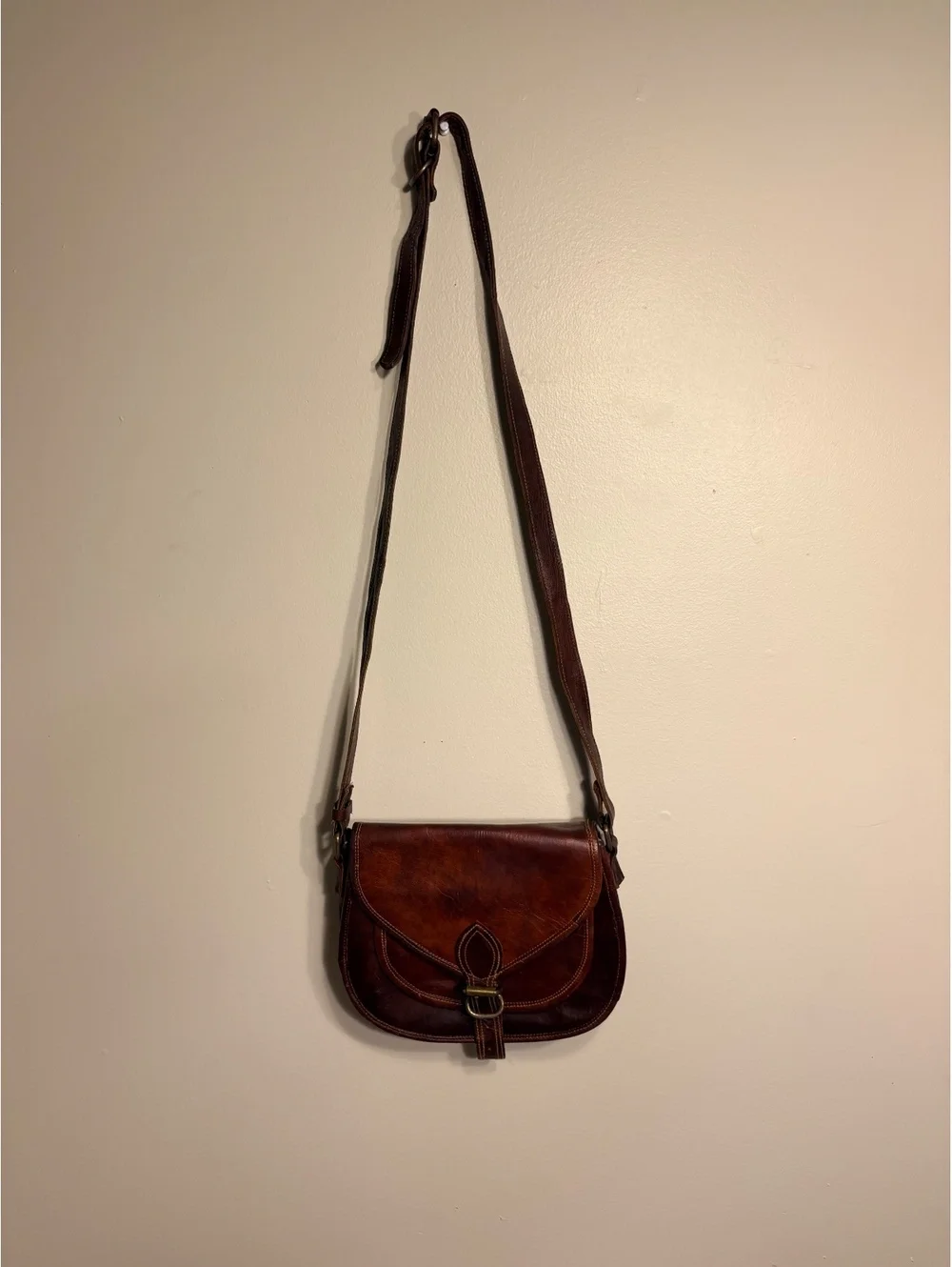 Vintage Brown Leather Crossbody Bag w/ Green Lining Purse WhimsyGoth Goblincore